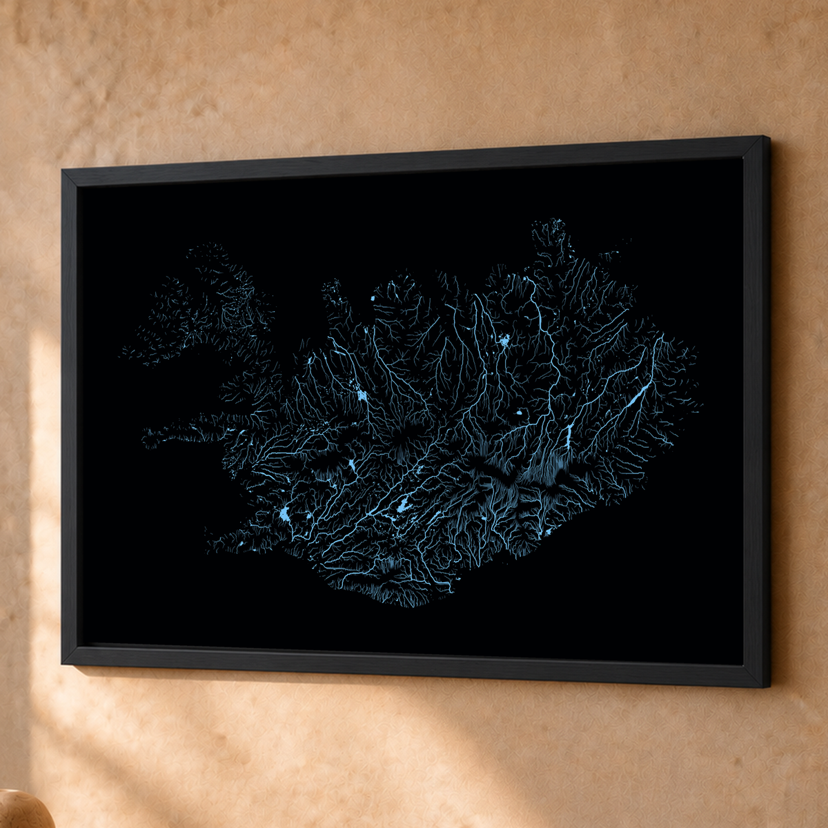 Beautiful Rivers — Islândia — Neon hidrográfico, Fine art emoldurado · 45 × 60 cm, Preto · Sem margem