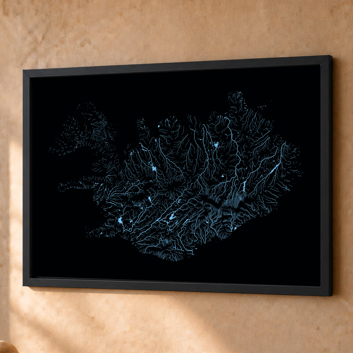 Beautiful Rivers — Islândia — Neon hidrográfico, Fine art emoldurado · 60 × 80 cm, Preto · Sem margem