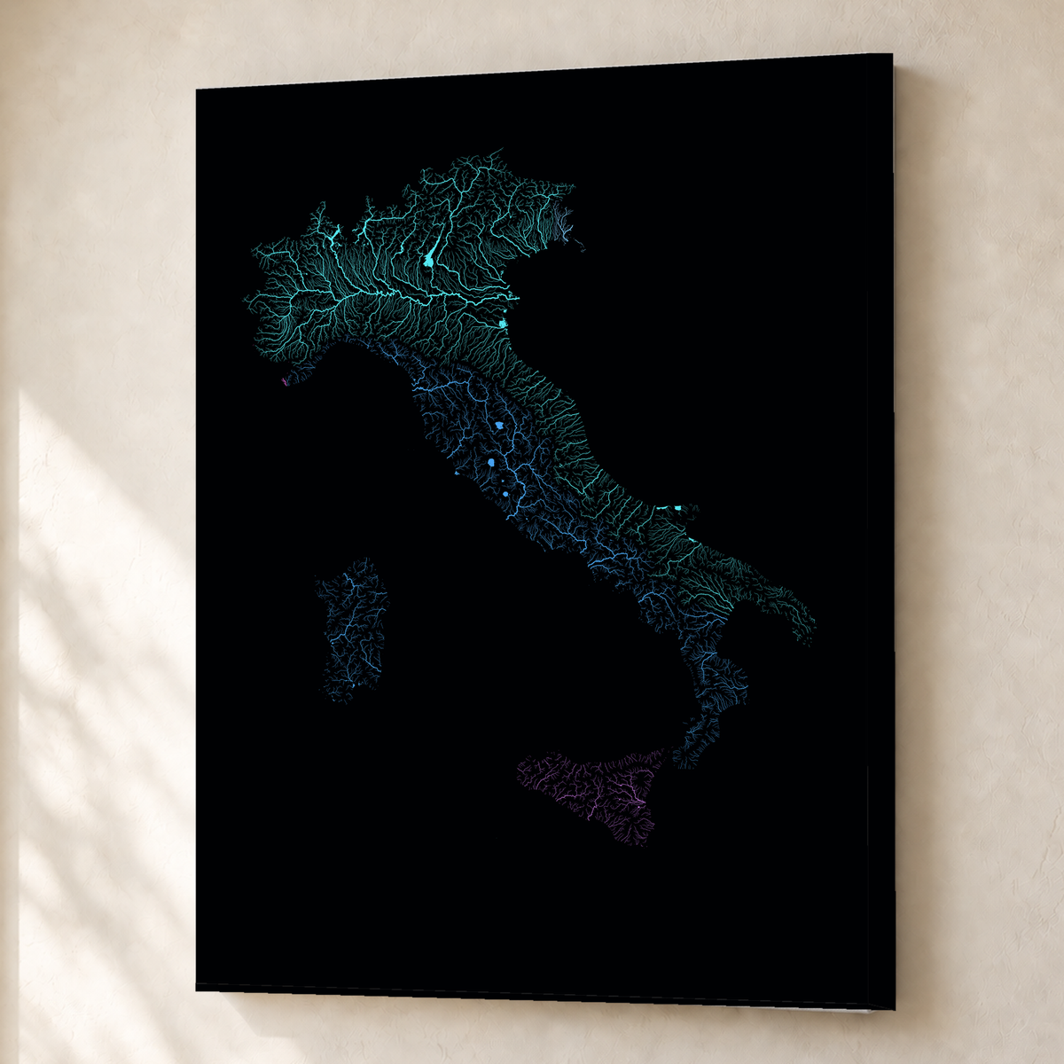 Beautiful Rivers — Itália — Neon hidrográfico, Canvas · 45 × 60 cm, Sem margem