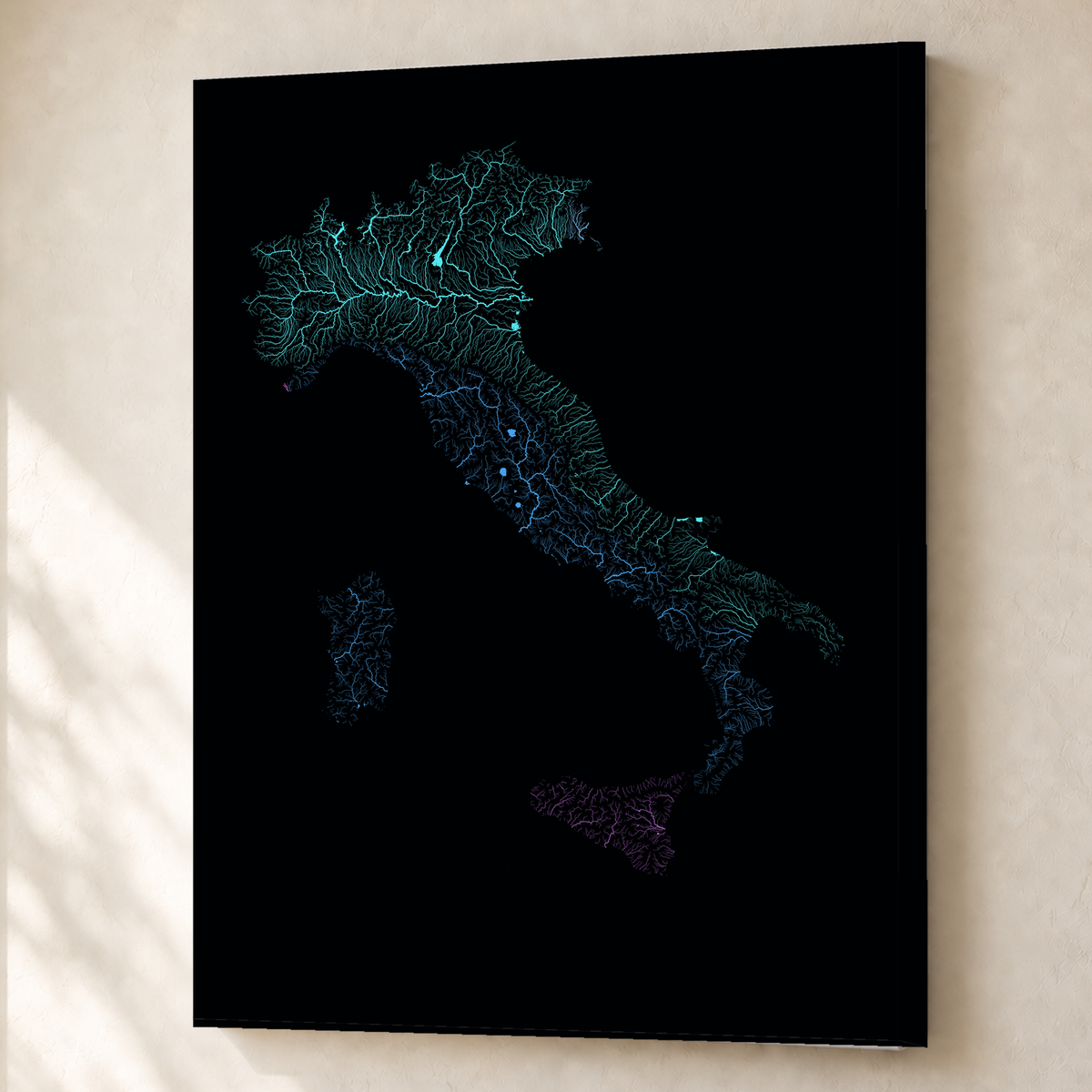 Beautiful Rivers — Itália — Neon hidrográfico, Canvas · 60 × 80 cm, Sem margem