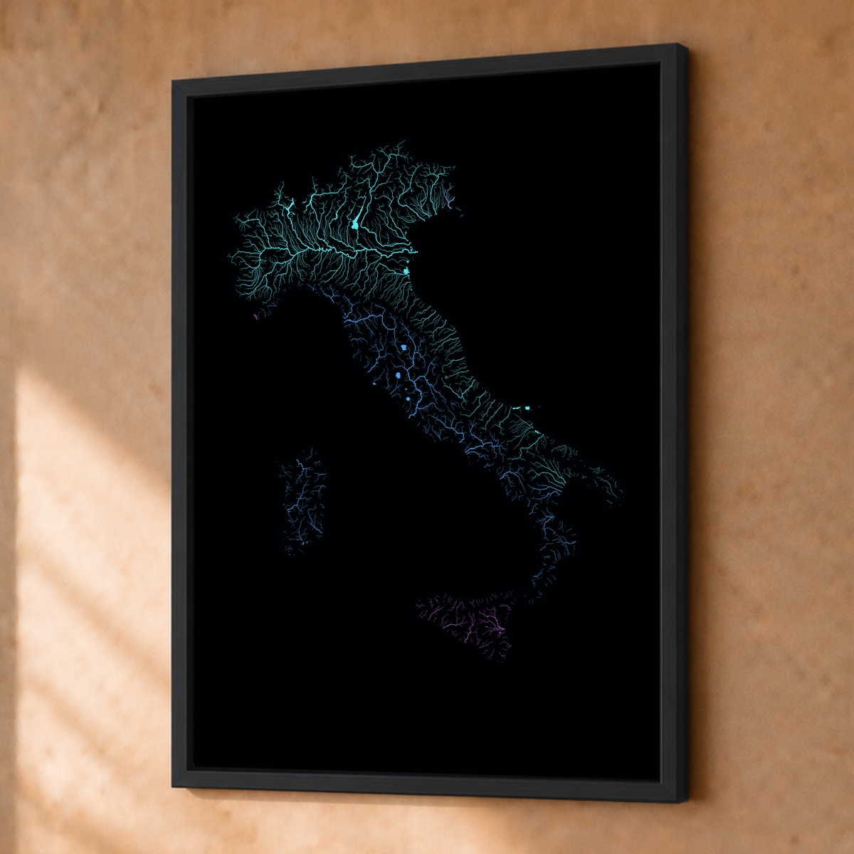 Beautiful Rivers — Itália — Neon hidrográfico, Fine art emoldurado · 30 × 40 cm, Preto · Sem margem