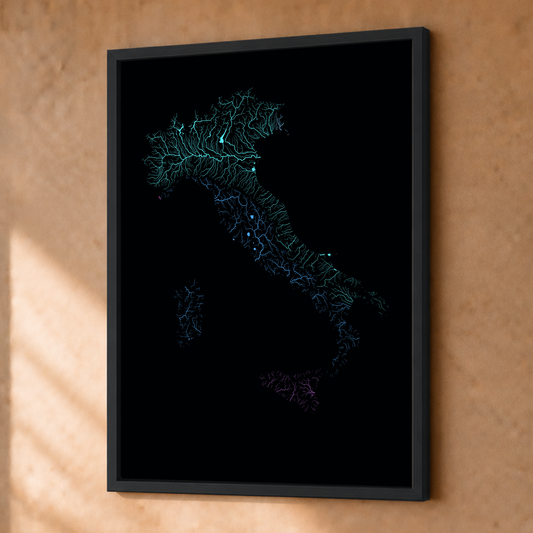 Beautiful Rivers — Itália — Neon hidrográfico, Fine art emoldurado · 30 × 40 cm, Preto · Sem margem