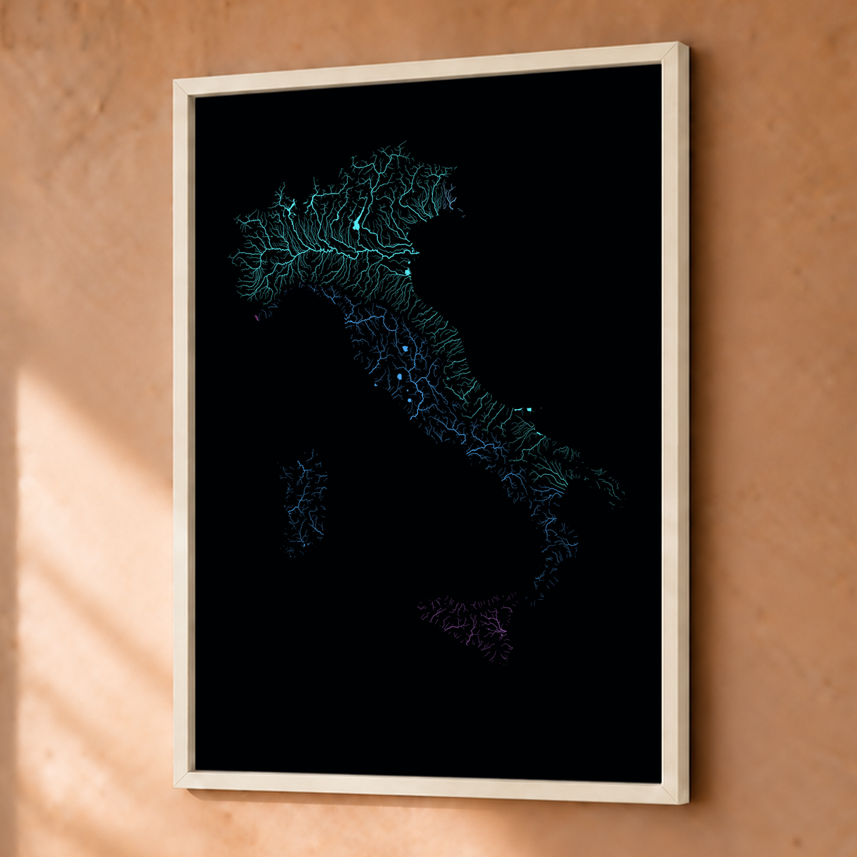 Beautiful Rivers — Itália — Neon hidrográfico, Fine art emoldurado · 30 × 40 cm, Branco · Sem margem