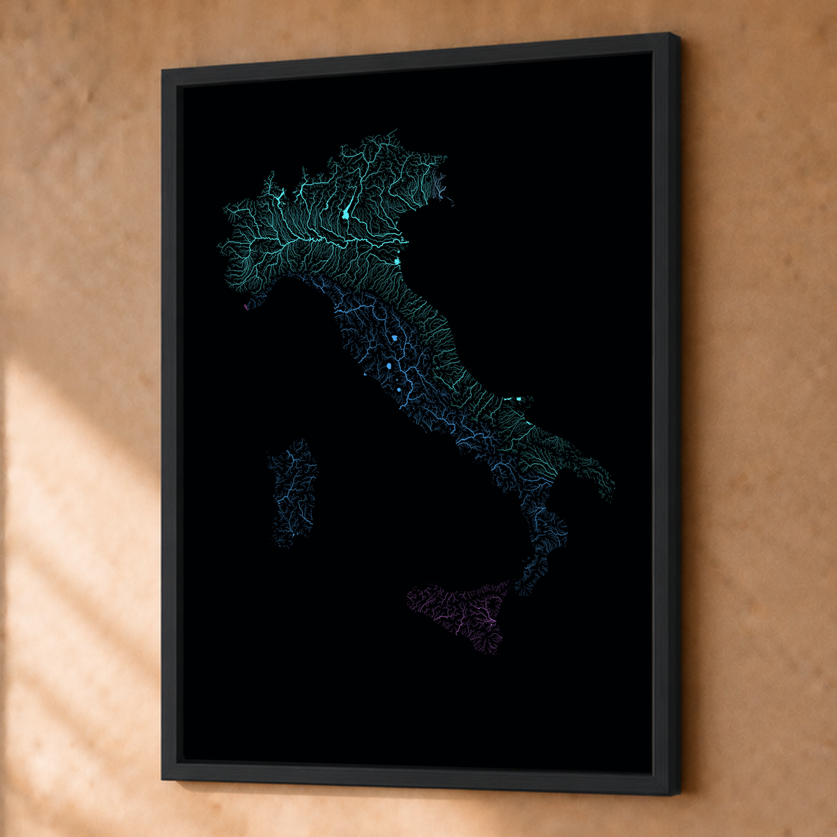 Beautiful Rivers — Itália — Neon hidrográfico, Fine art emoldurado · 45 × 60 cm, Preto · Sem margem
