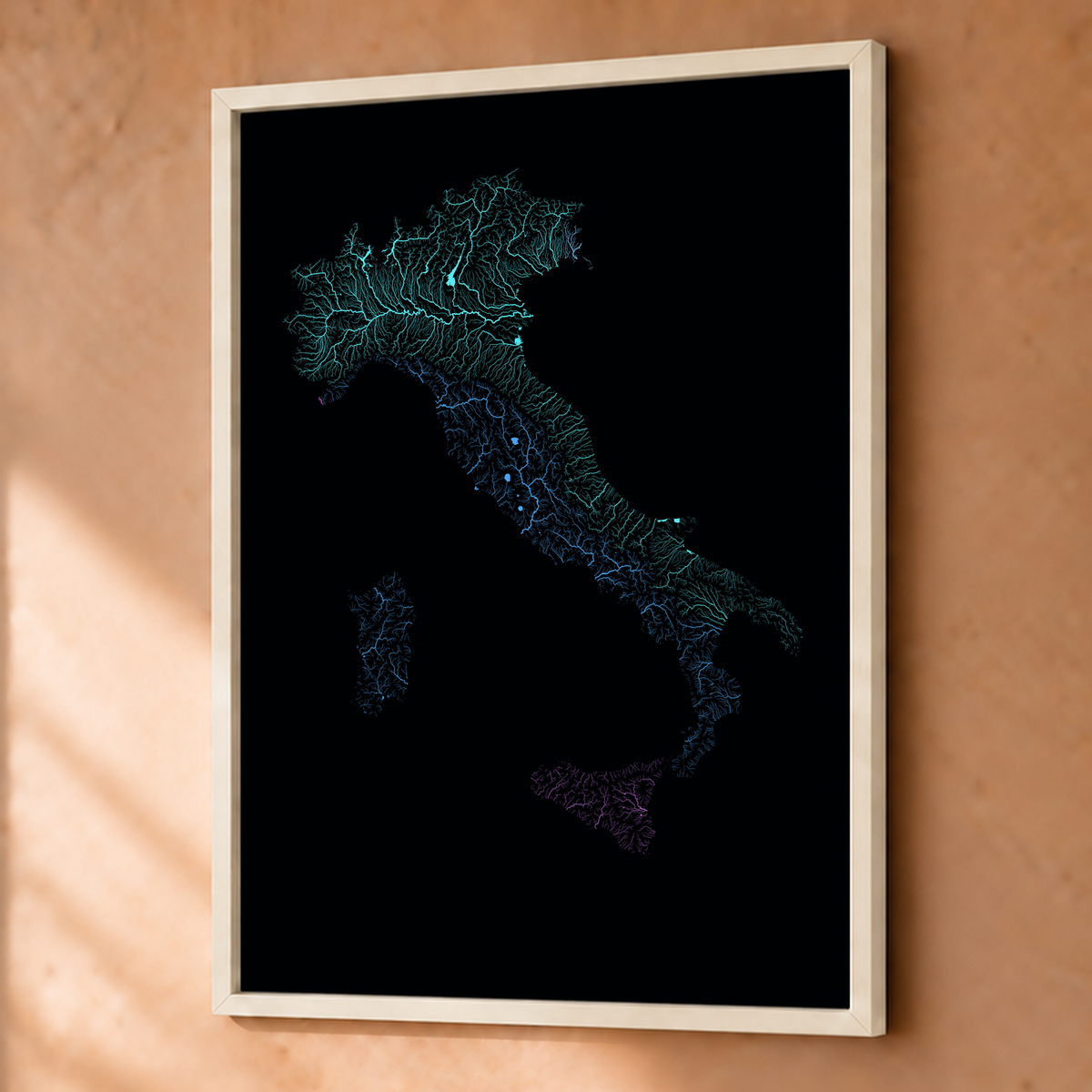 Beautiful Rivers — Itália — Neon hidrográfico, Fine art emoldurado · 45 × 60 cm, Branco · Sem margem