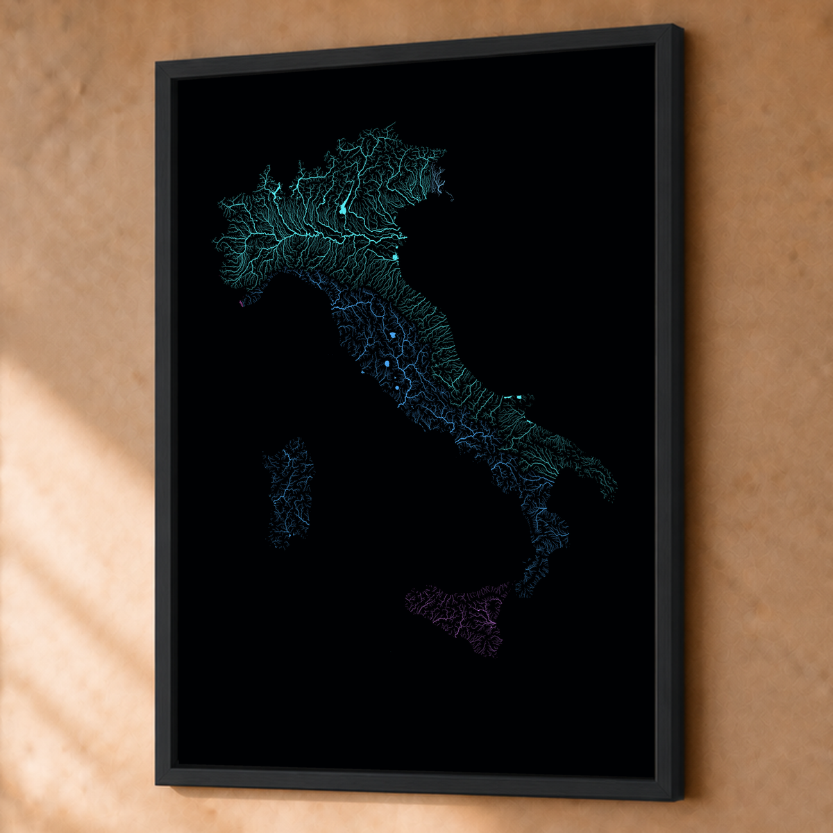Beautiful Rivers — Itália — Neon hidrográfico, Fine art emoldurado · 60 × 80 cm, Preto · Sem margem