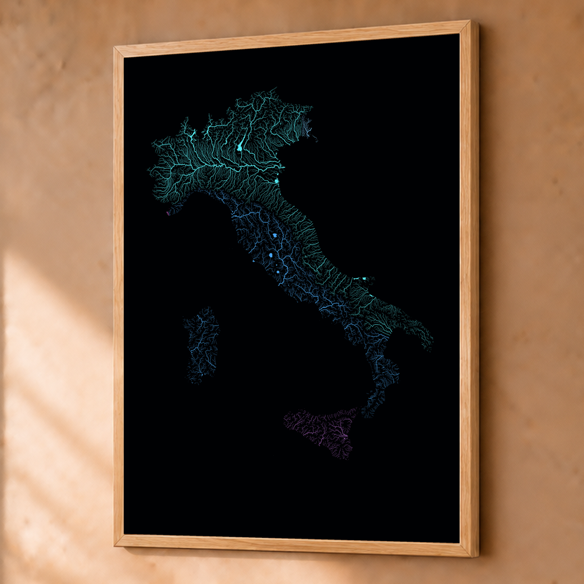 Beautiful Rivers — Itália — Neon hidrográfico, Fine art emoldurado · 60 × 80 cm, Natural · Sem margem