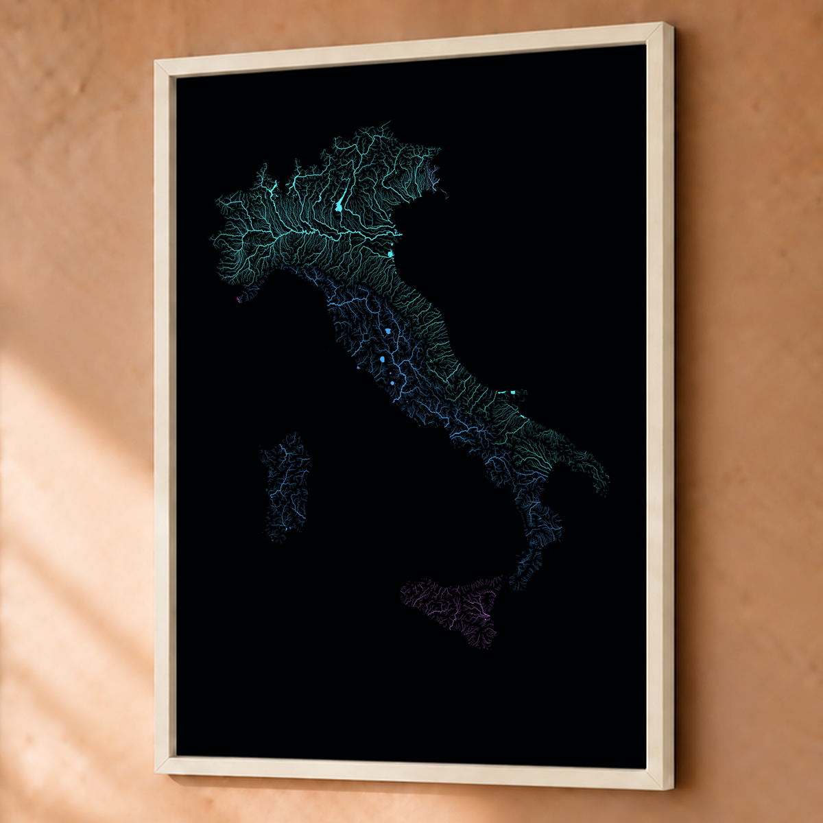 Beautiful Rivers — Itália — Neon hidrográfico, Fine art emoldurado · 60 × 80 cm, Branco · Sem margem
