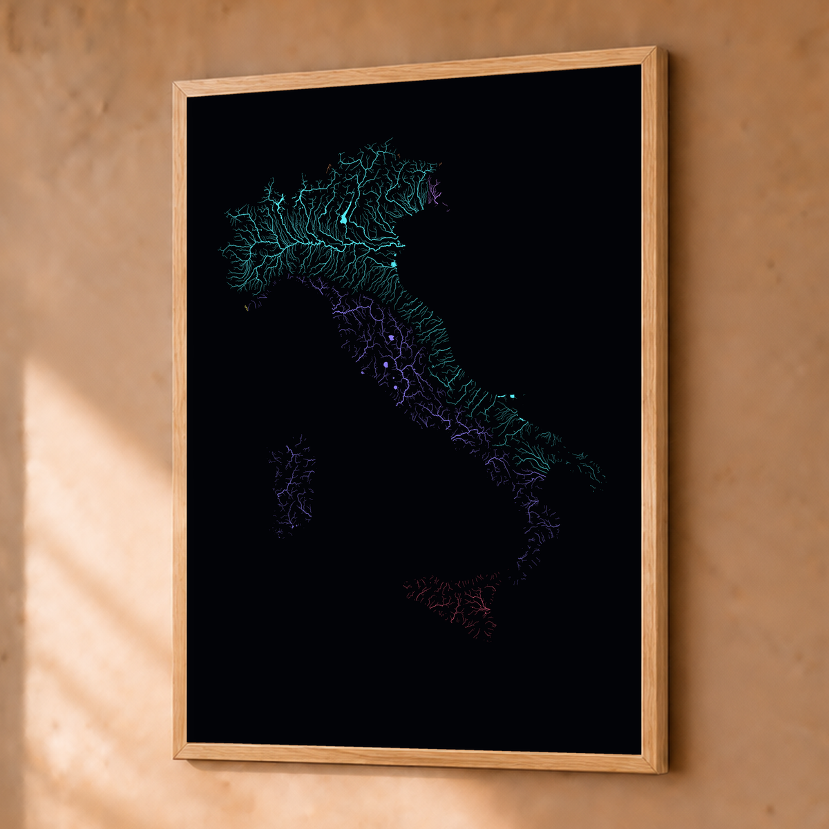 Beautiful Rivers — Itália — Neon por território, Fine art emoldurado · 30 × 40 cm, Natural · Sem margem