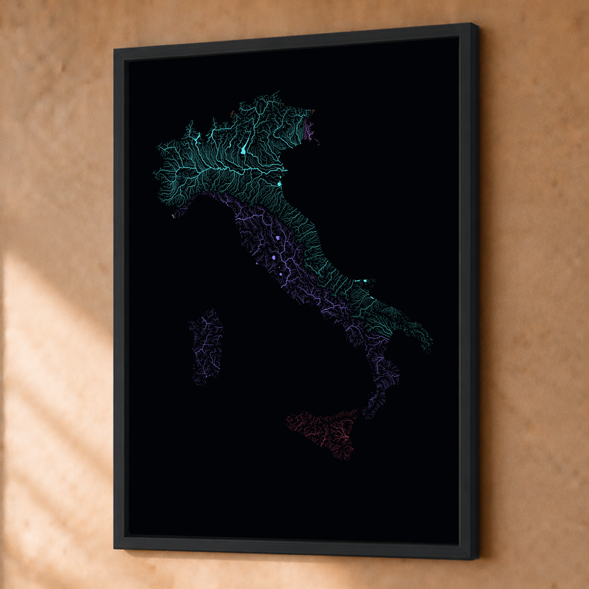 Beautiful Rivers — Itália — Neon por território, Fine art emoldurado · 45 × 60 cm, Preto · Sem margem
