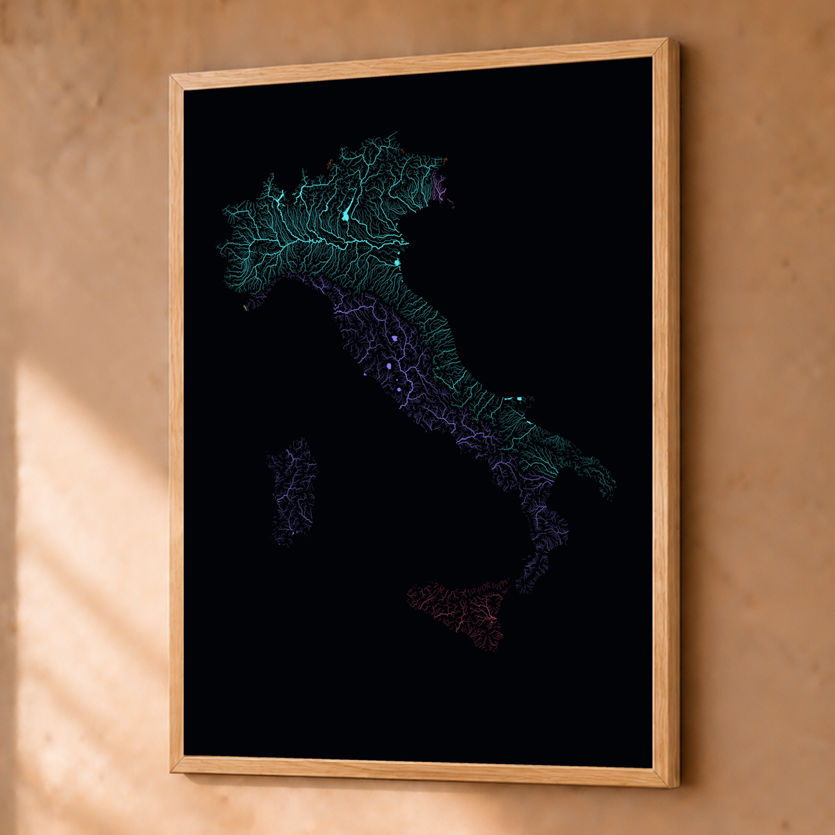 Beautiful Rivers — Itália — Neon por território, Fine art emoldurado · 45 × 60 cm, Natural · Sem margem