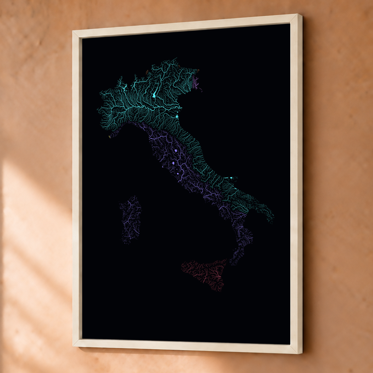 Beautiful Rivers — Itália — Neon por território, Fine art emoldurado · 45 × 60 cm, Branco · Sem margem