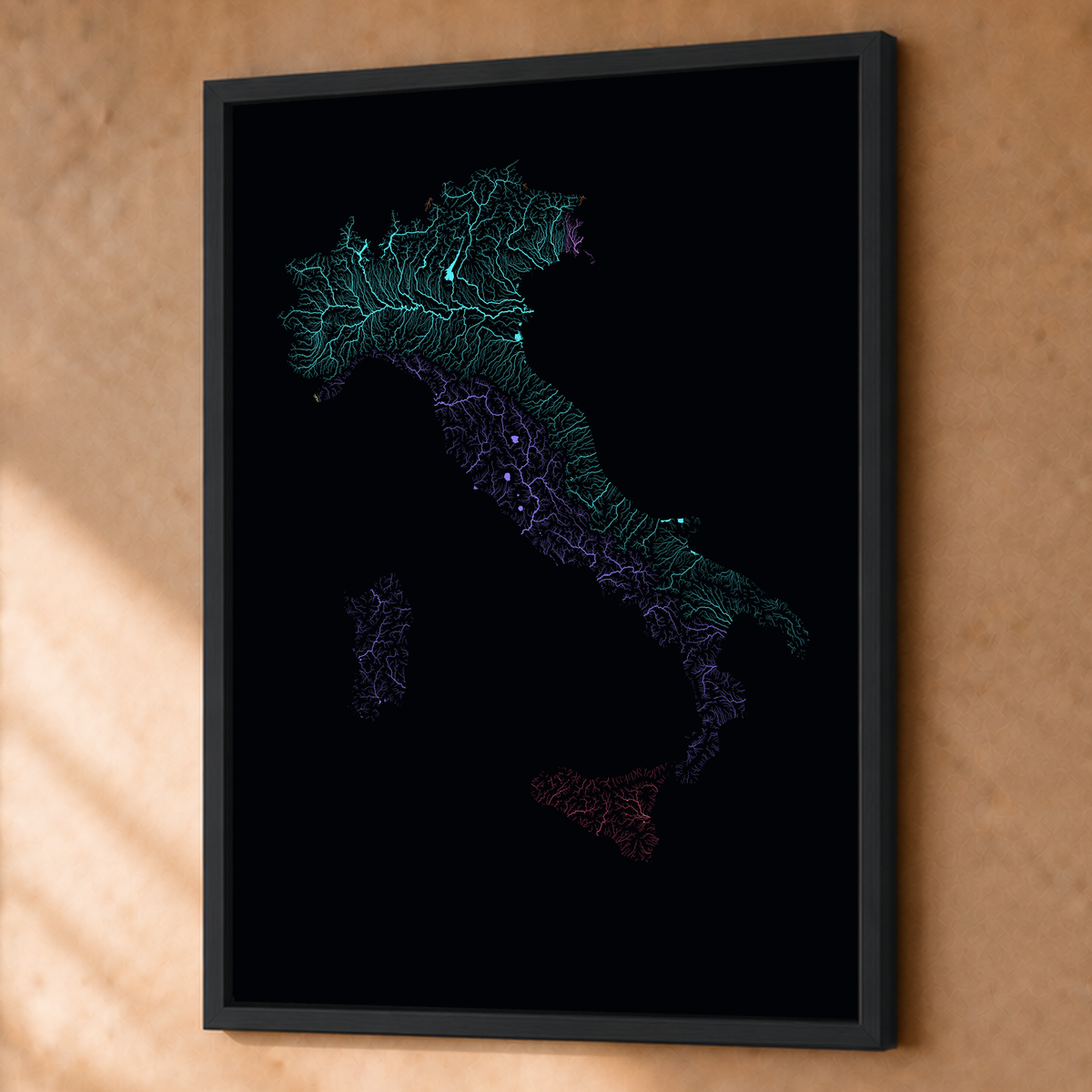 Beautiful Rivers — Itália — Neon por território, Fine art emoldurado · 60 × 80 cm, Preto · Sem margem