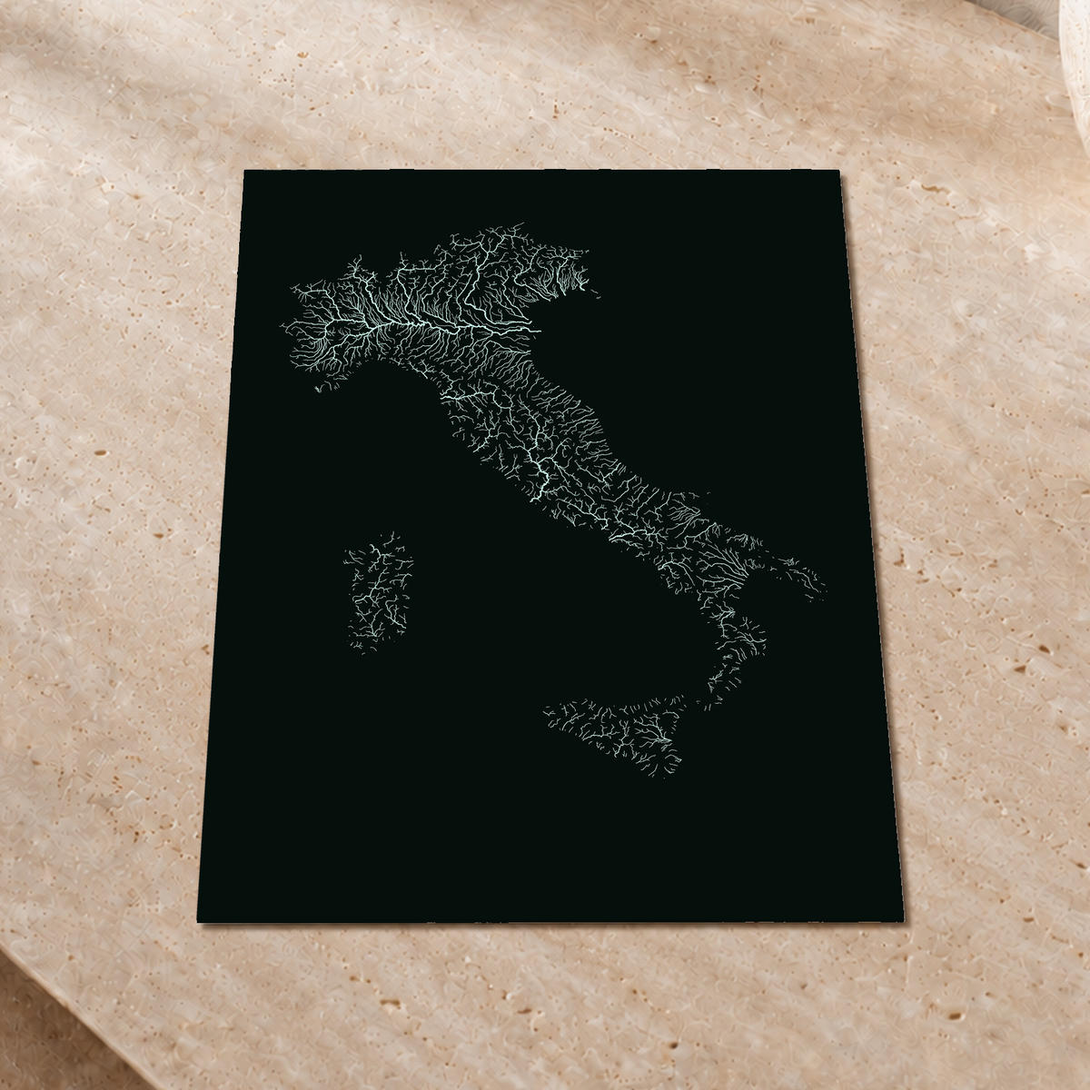 Hydrographic map — Italy, monochrome glow, Glow-in-the-dark poster, 30 × 40 cm, in a premium interior setting