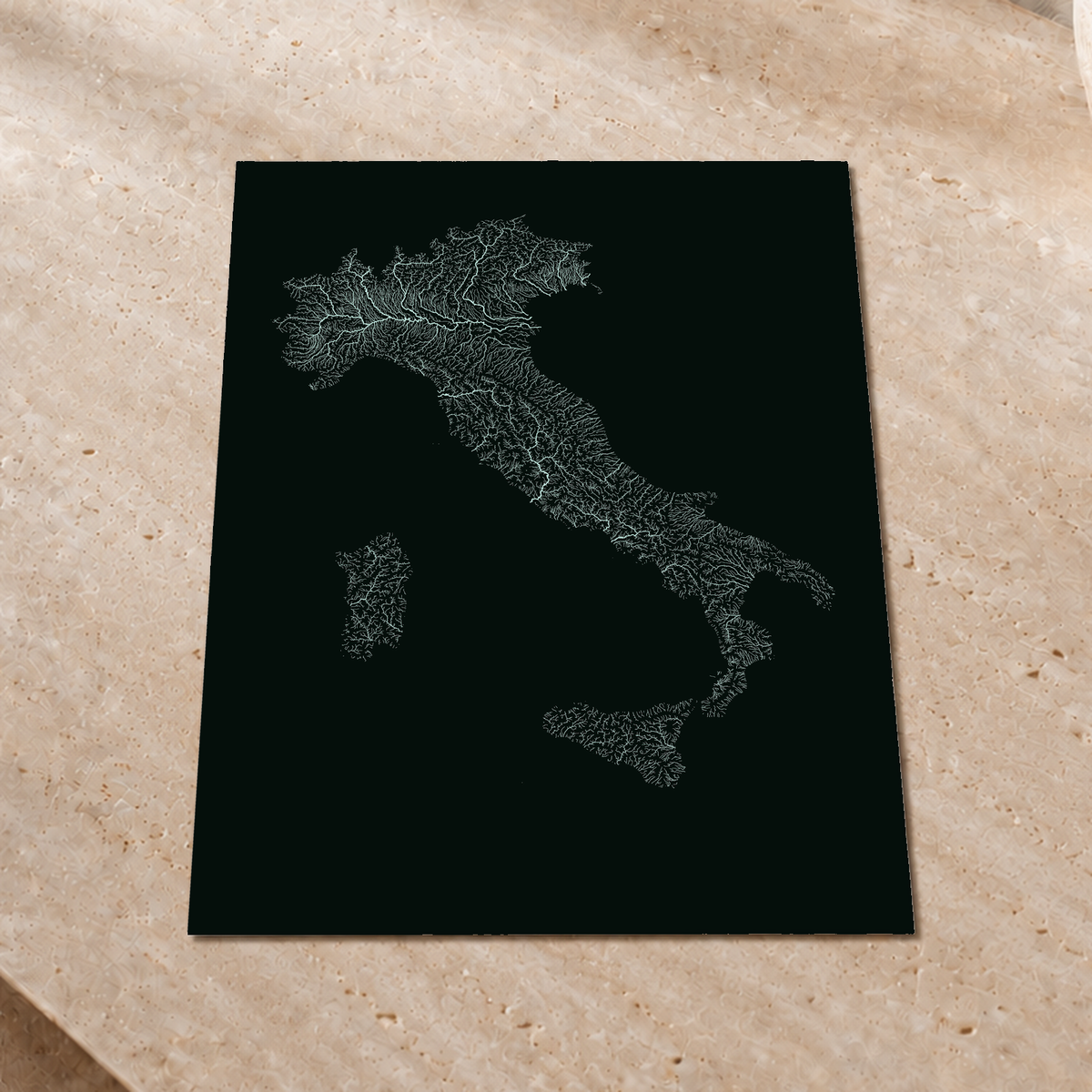 Hydrographic map — Italy, monochrome glow, Glow-in-the-dark poster, 45 × 60 cm, in a premium interior setting