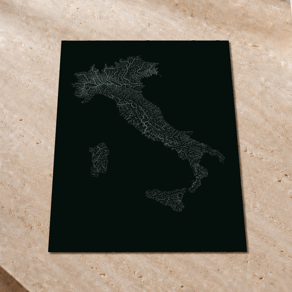 Hydrographic map — Italy, monochrome glow, Glow-in-the-dark poster, 60 × 80 cm, in a premium interior setting