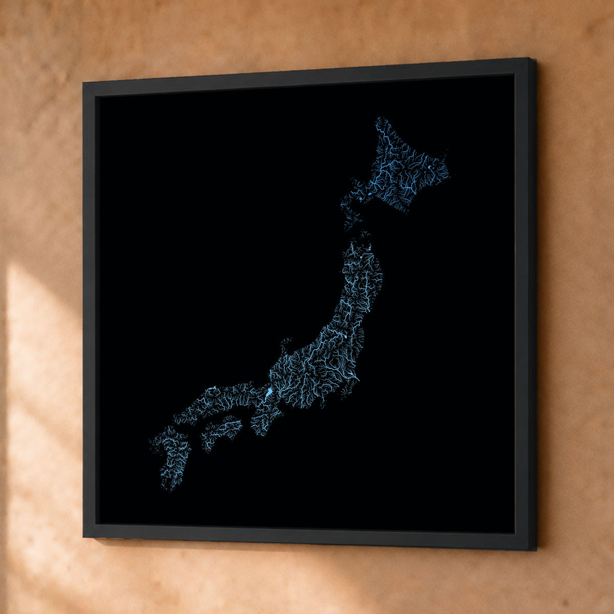 Beautiful Rivers — Japão — Neon hidrográfico, Fine art emoldurado · 76 × 76 cm, Preto · Sem margem