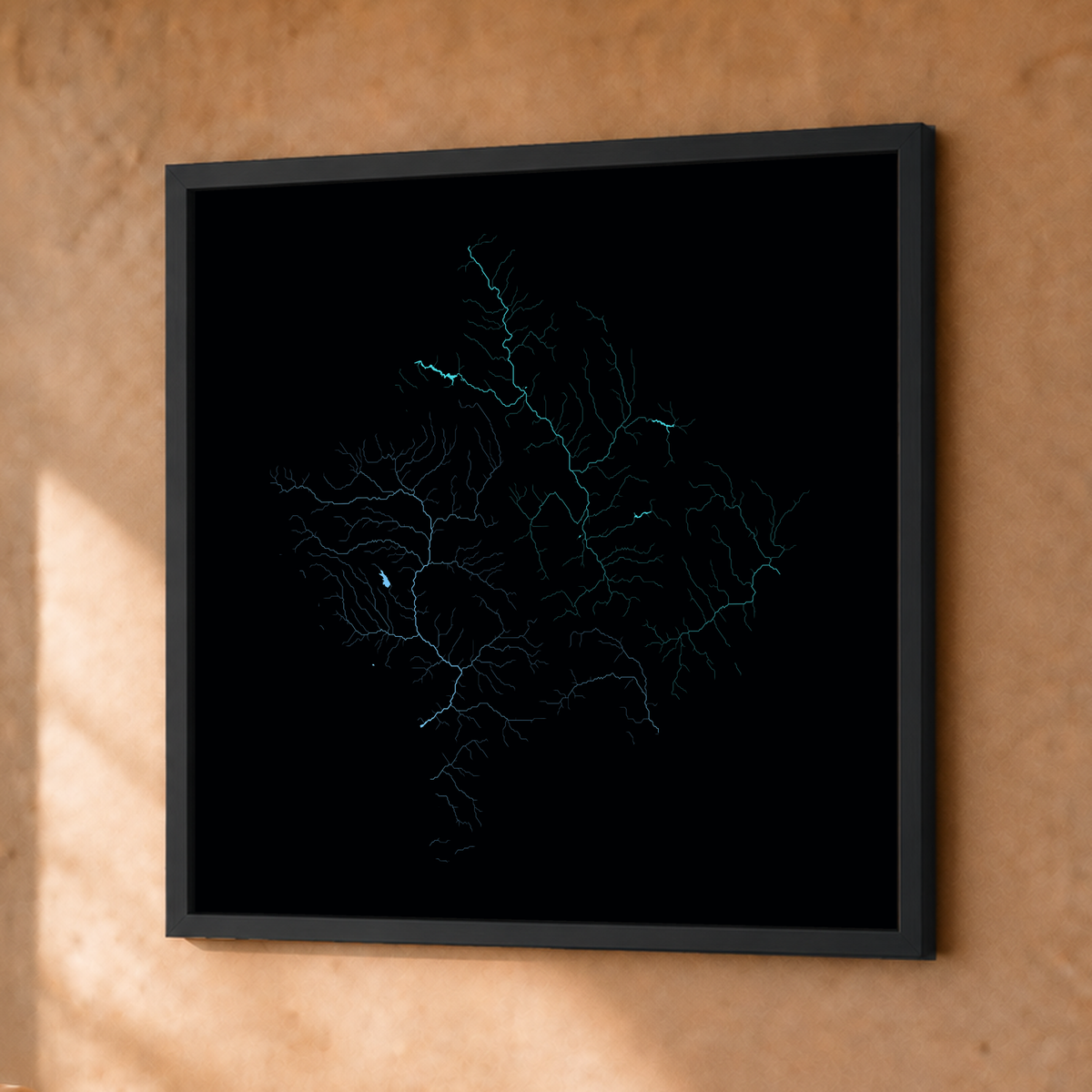 Beautiful Rivers — Kosovo — Neon hidrográfico, Fine art emoldurado · 30 × 30 cm, Preto · Sem margem