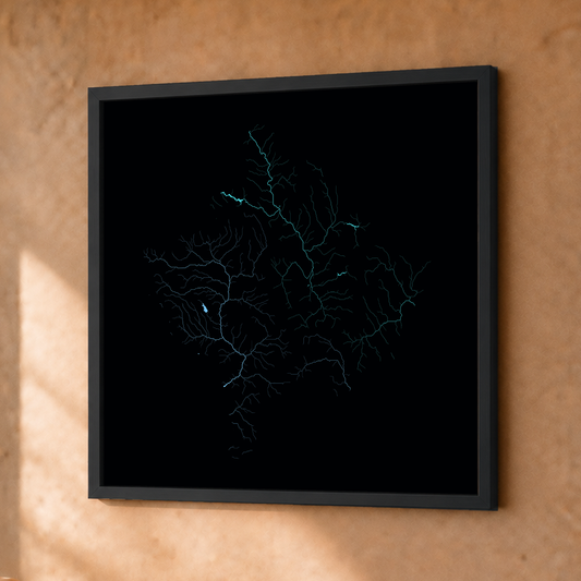 Beautiful Rivers — Kosovo — Neon hidrográfico, Fine art emoldurado · 30 × 30 cm, Preto · Sem margem