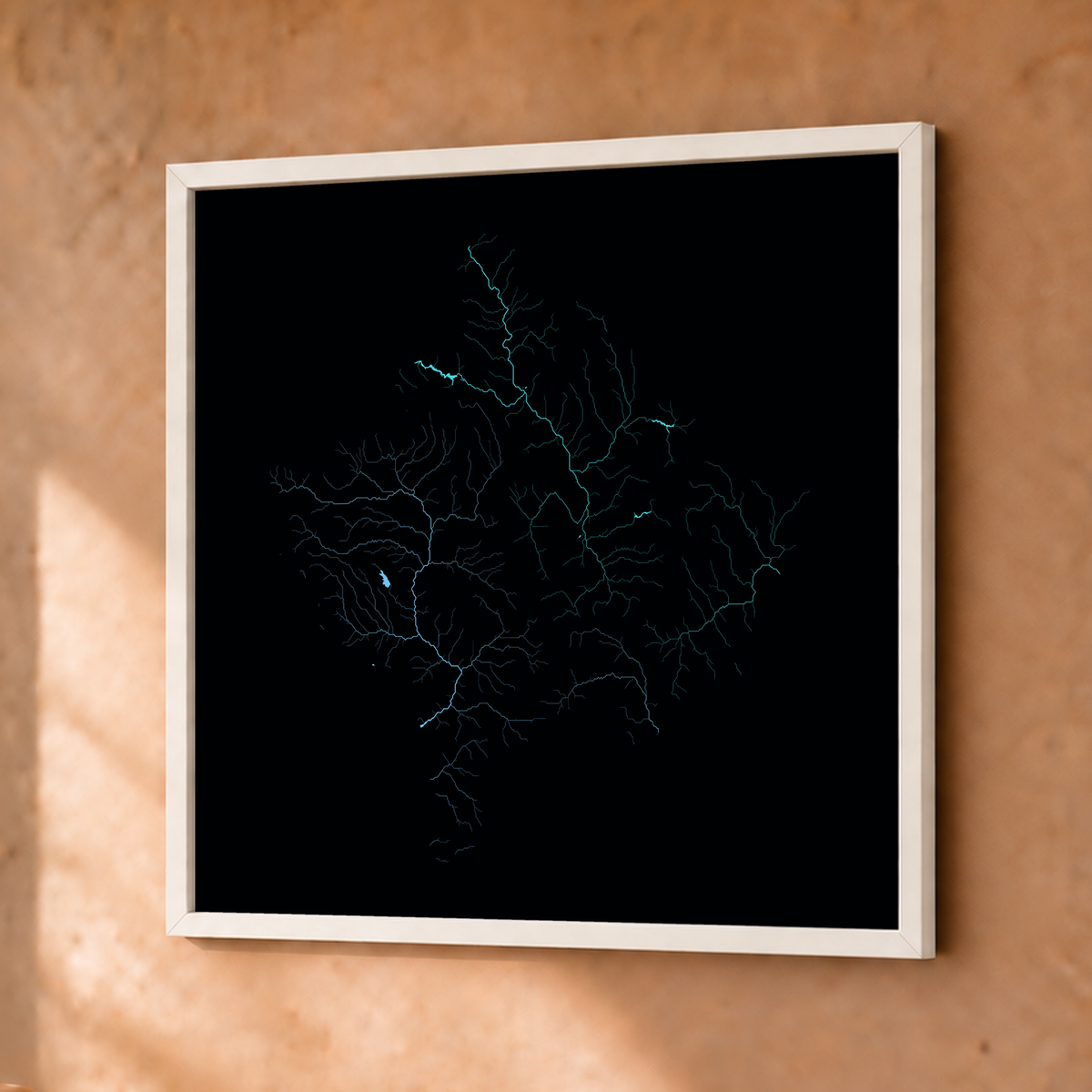 Beautiful Rivers — Kosovo — Neon hidrográfico, Fine art emoldurado · 30 × 30 cm, Branco · Sem margem