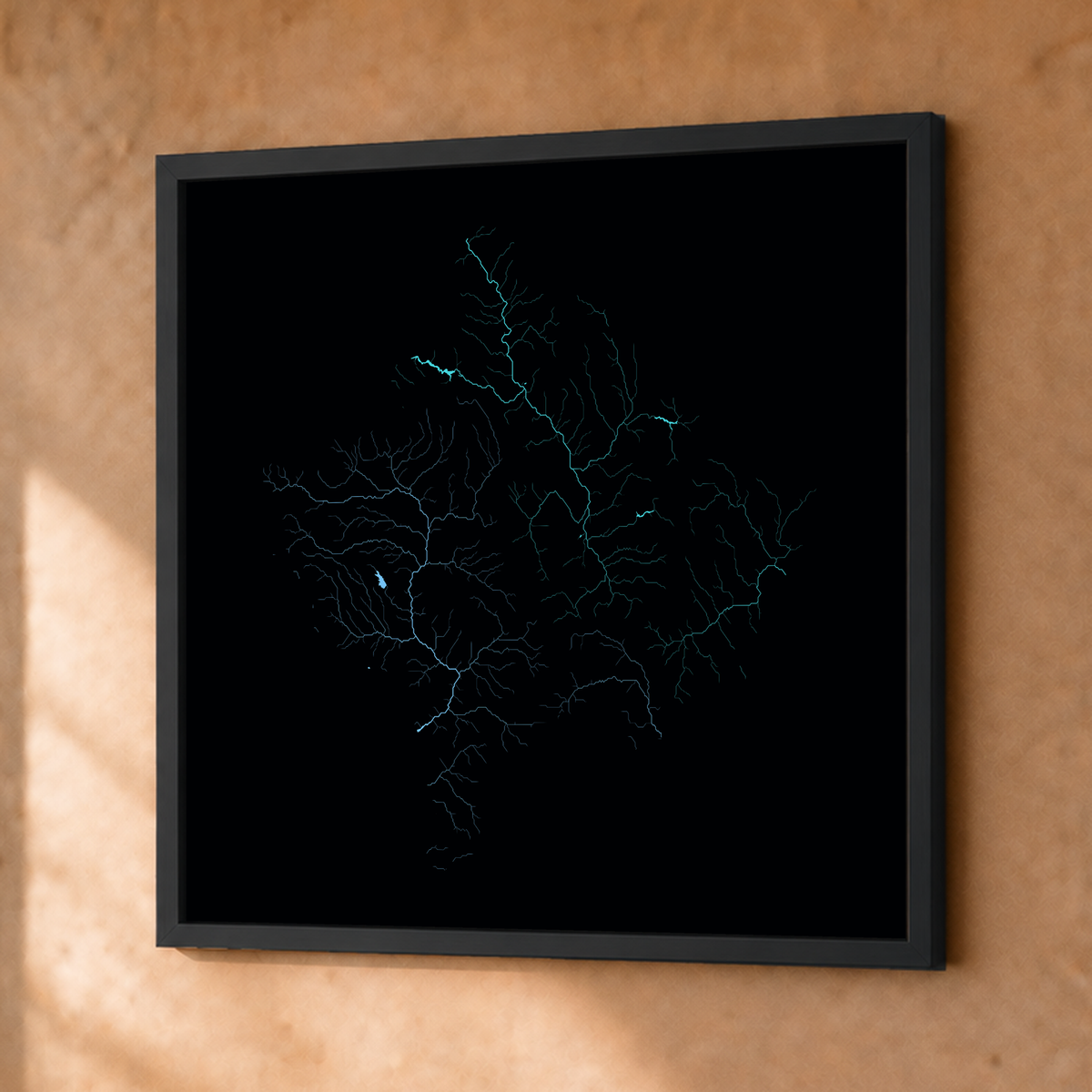 Beautiful Rivers — Kosovo — Neon hidrográfico, Fine art emoldurado · 50 × 50 cm, Preto · Sem margem