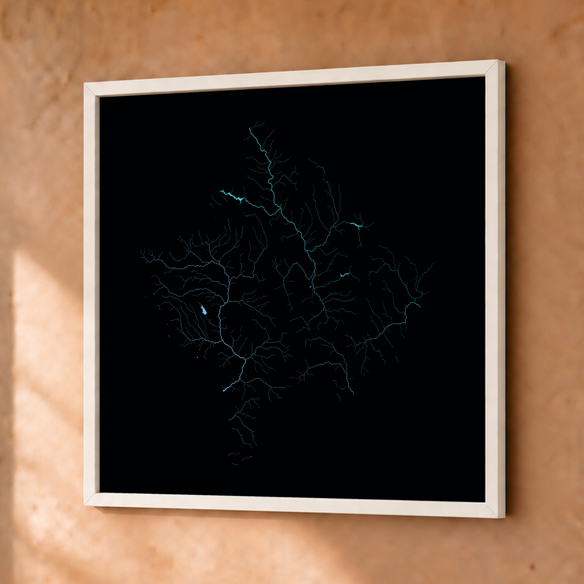 Beautiful Rivers — Kosovo — Neon hidrográfico, Fine art emoldurado · 50 × 50 cm, Branco · Sem margem