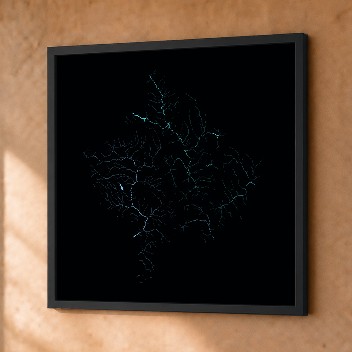 Beautiful Rivers — Kosovo — Neon hidrográfico, Fine art emoldurado · 76 × 76 cm, Preto · Sem margem