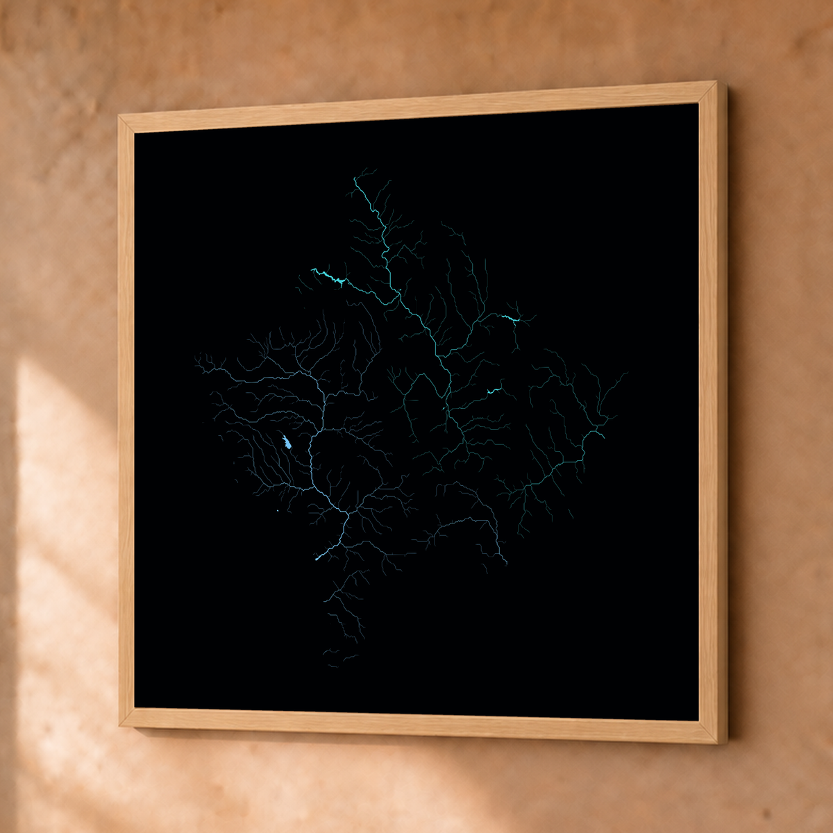 Beautiful Rivers — Kosovo — Neon hidrográfico, Fine art emoldurado · 76 × 76 cm, Natural · Sem margem