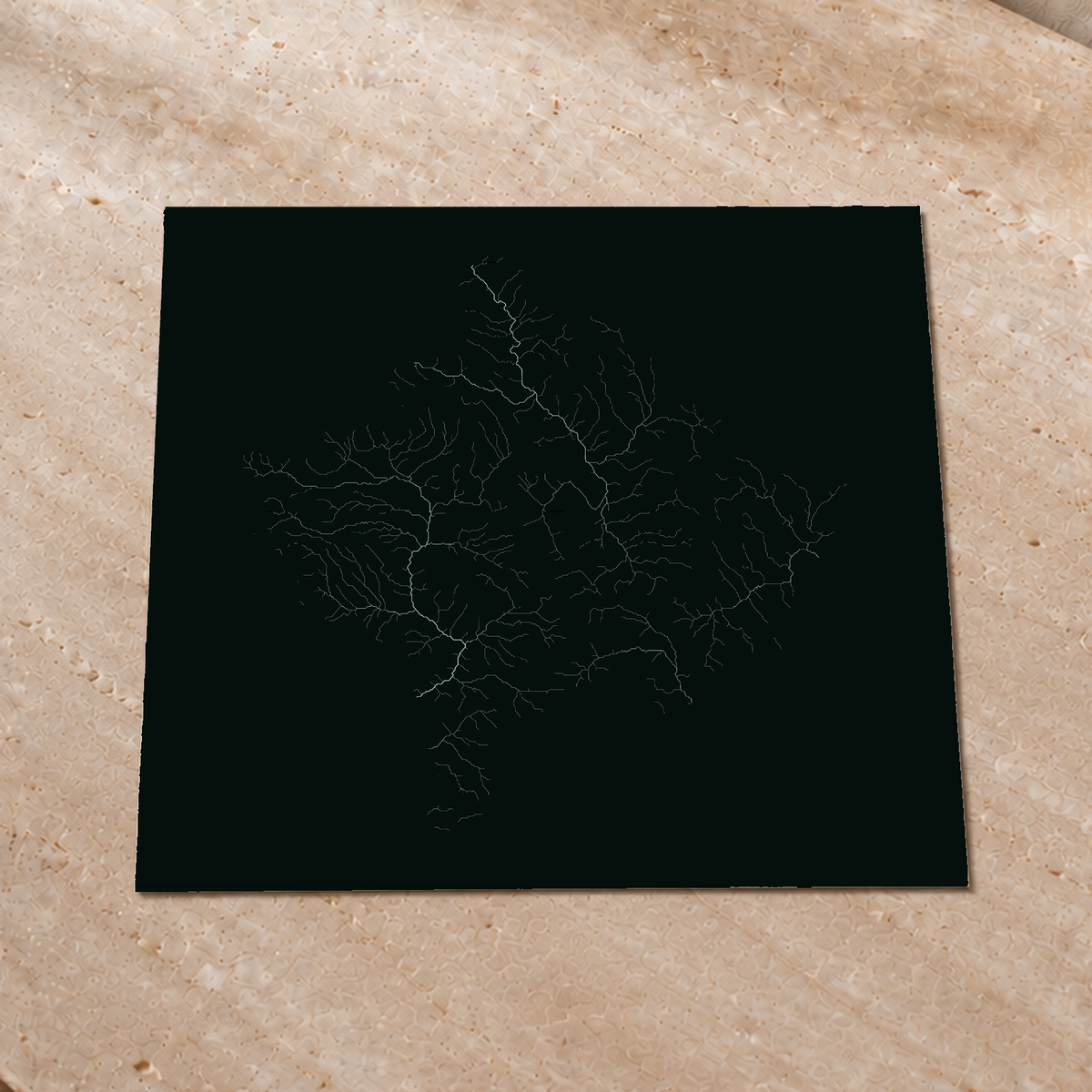 Mapa hidrográfico — Kosovo, glow, glow-poster, 76 × 76 cm, num ambiente interior premium