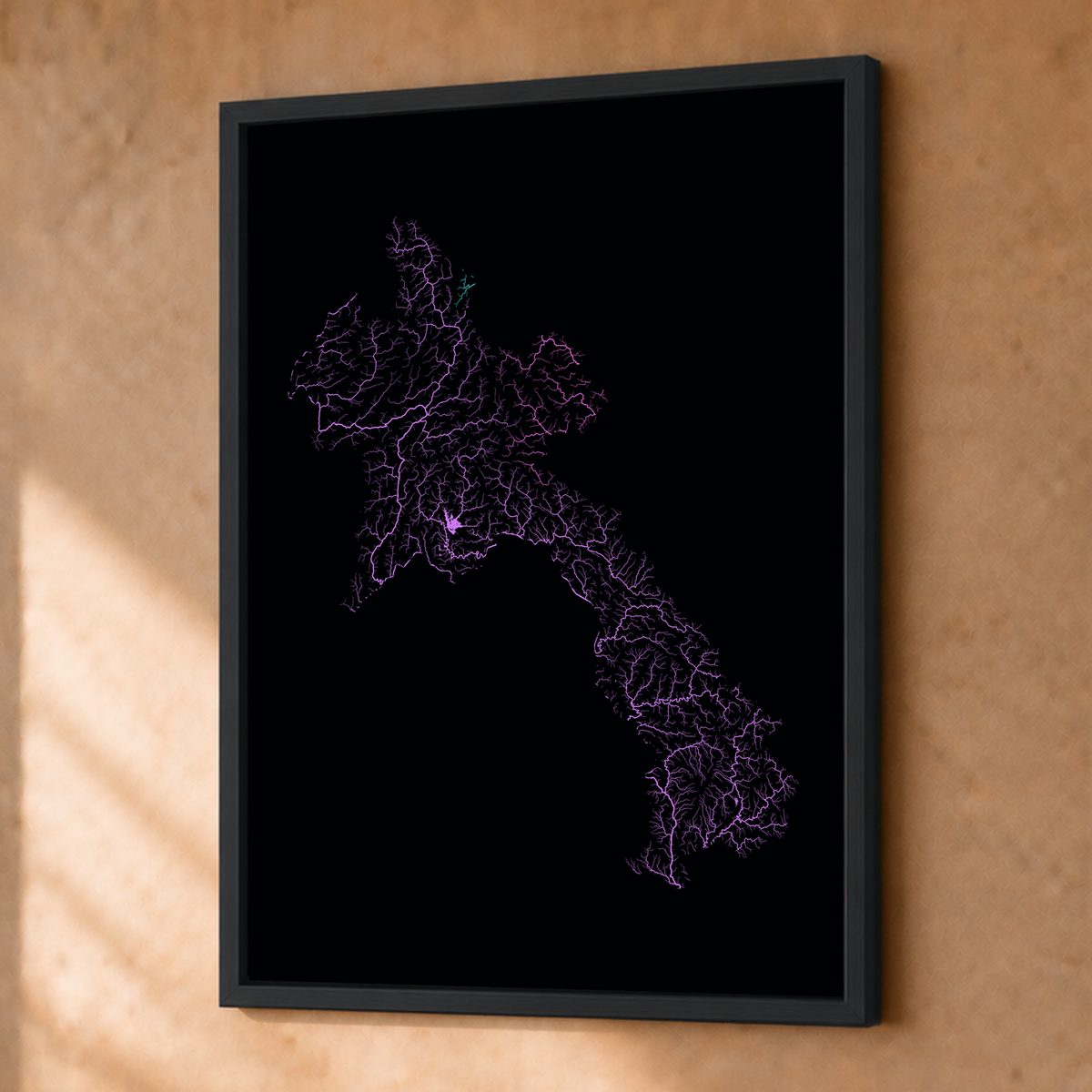 Beautiful Rivers — Laos — Neon hidrográfico, Fine art emoldurado · 30 × 40 cm, Preto · Sem margem
