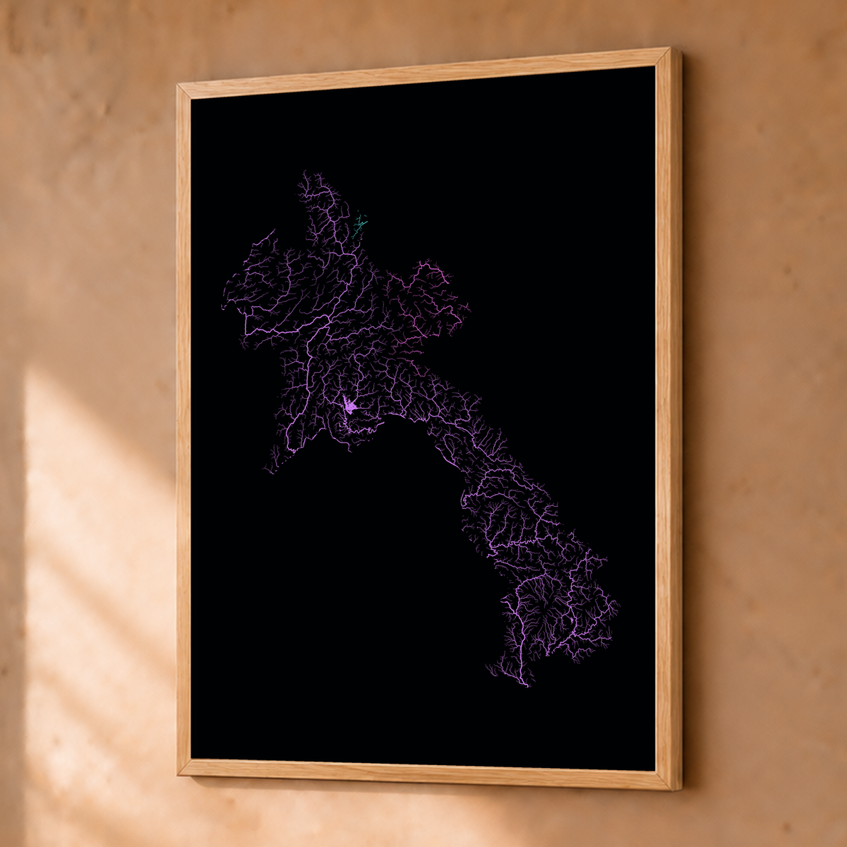 Beautiful Rivers — Laos — Neon hidrográfico, Fine art emoldurado · 30 × 40 cm, Natural · Sem margem