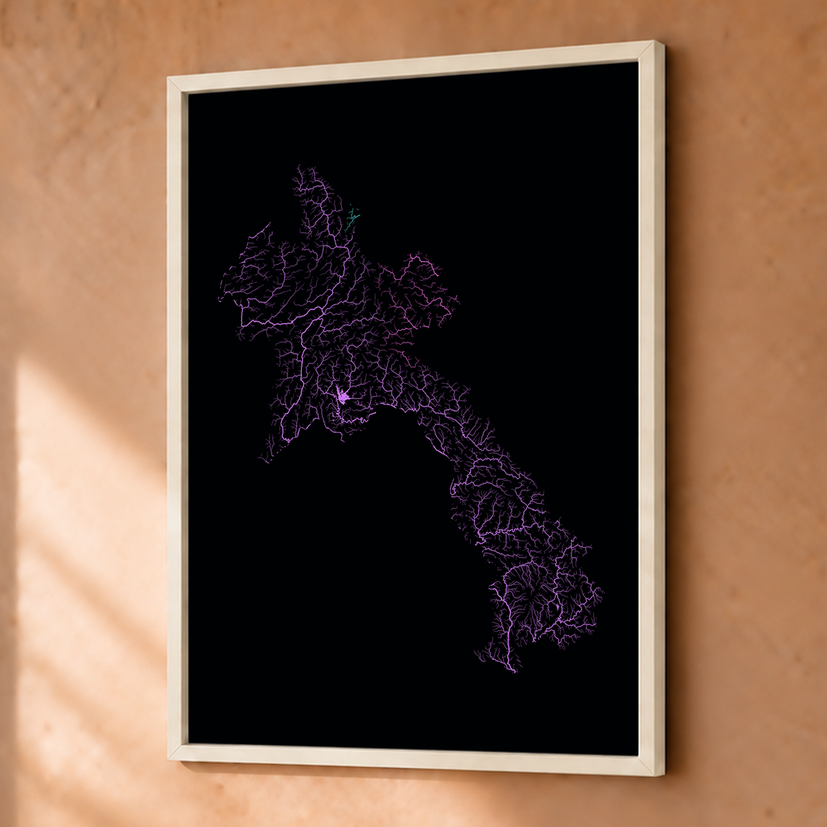 Beautiful Rivers — Laos — Neon hidrográfico, Fine art emoldurado · 30 × 40 cm, Branco · Sem margem