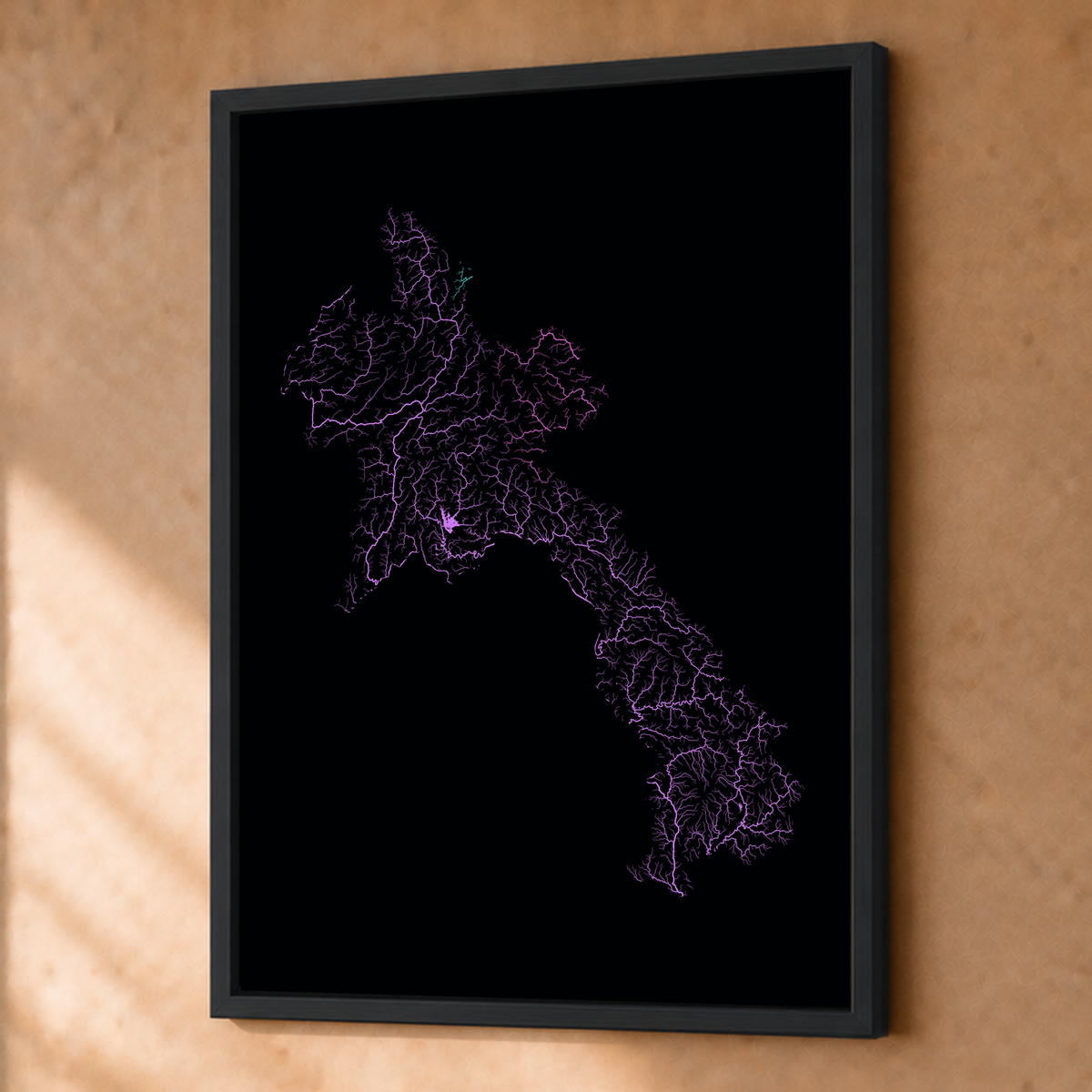 Beautiful Rivers — Laos — Neon hidrográfico, Fine art emoldurado · 45 × 60 cm, Preto · Sem margem