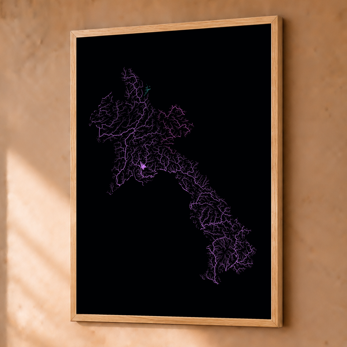 Beautiful Rivers — Laos — Neon hidrográfico, Fine art emoldurado · 45 × 60 cm, Natural · Sem margem
