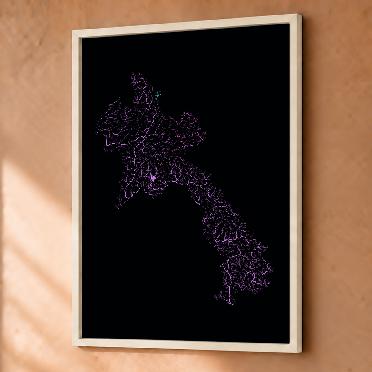 Beautiful Rivers — Laos — Neon hidrográfico, Fine art emoldurado · 45 × 60 cm, Branco · Sem margem