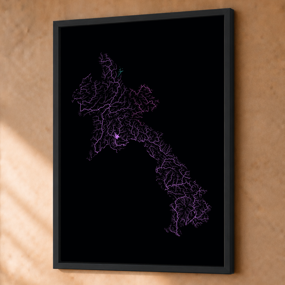 Beautiful Rivers — Laos — Neon hidrográfico, Fine art emoldurado · 60 × 80 cm, Preto · Sem margem