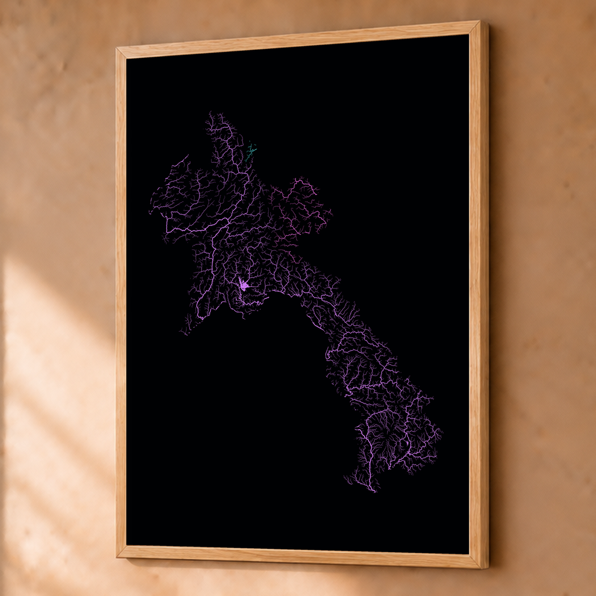 Beautiful Rivers — Laos — Neon hidrográfico, Fine art emoldurado · 60 × 80 cm, Natural · Sem margem