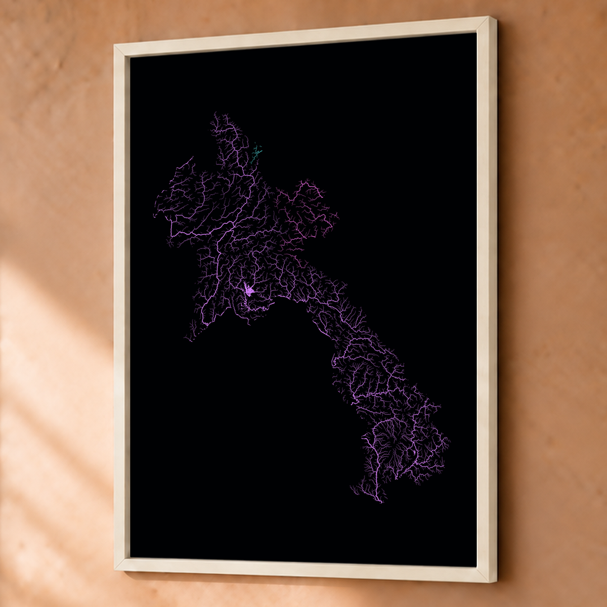 Beautiful Rivers — Laos — Neon hidrográfico, Fine art emoldurado · 60 × 80 cm, Branco · Sem margem