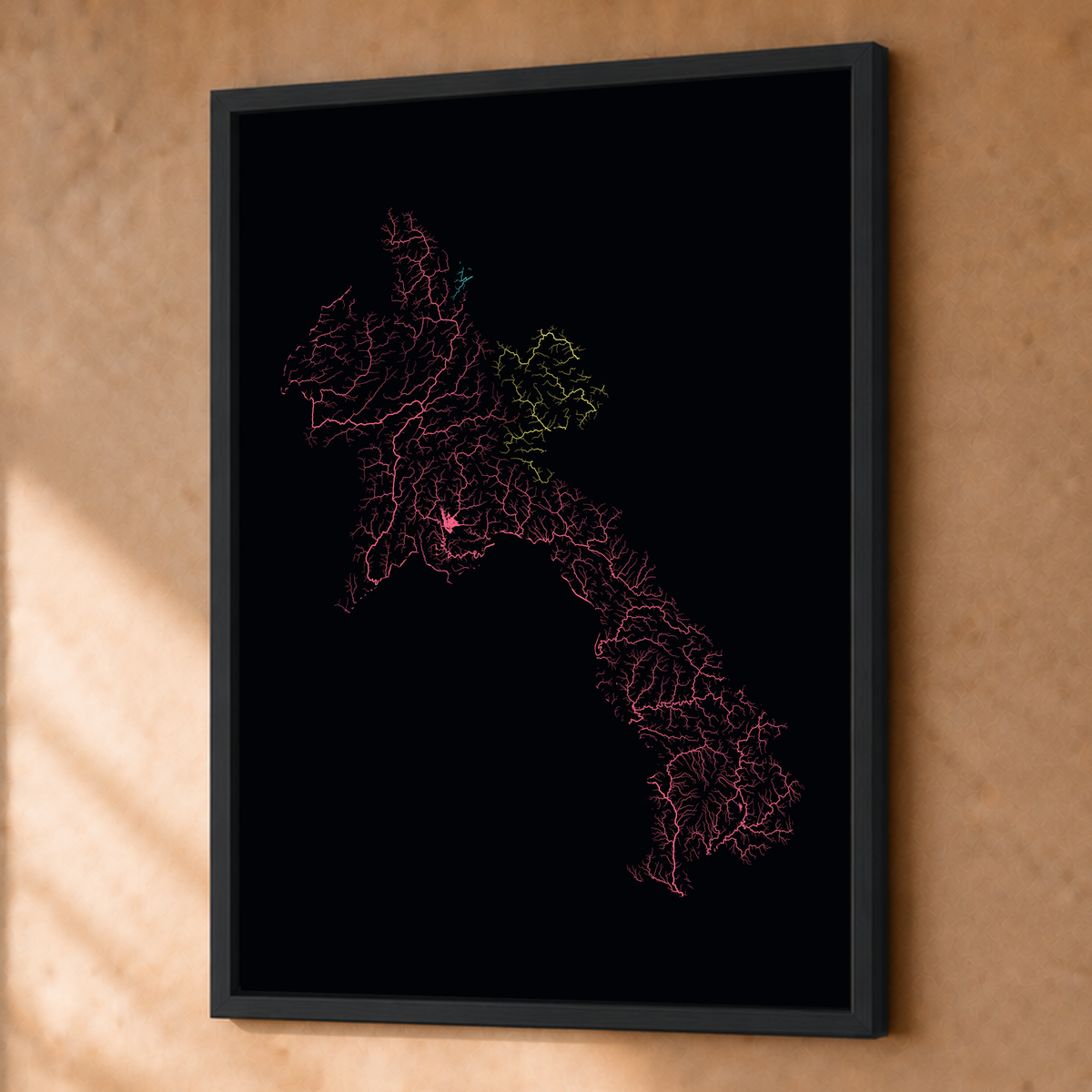 Beautiful Rivers — Laos — Neon por território, Fine art emoldurado · 45 × 60 cm, Preto · Sem margem
