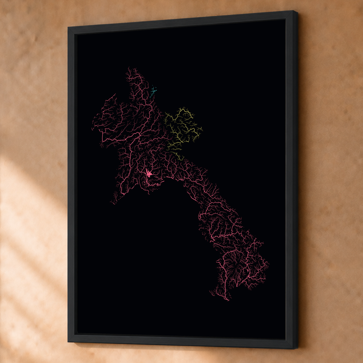 Beautiful Rivers — Laos — Neon por território, Fine art emoldurado · 60 × 80 cm, Preto · Sem margem