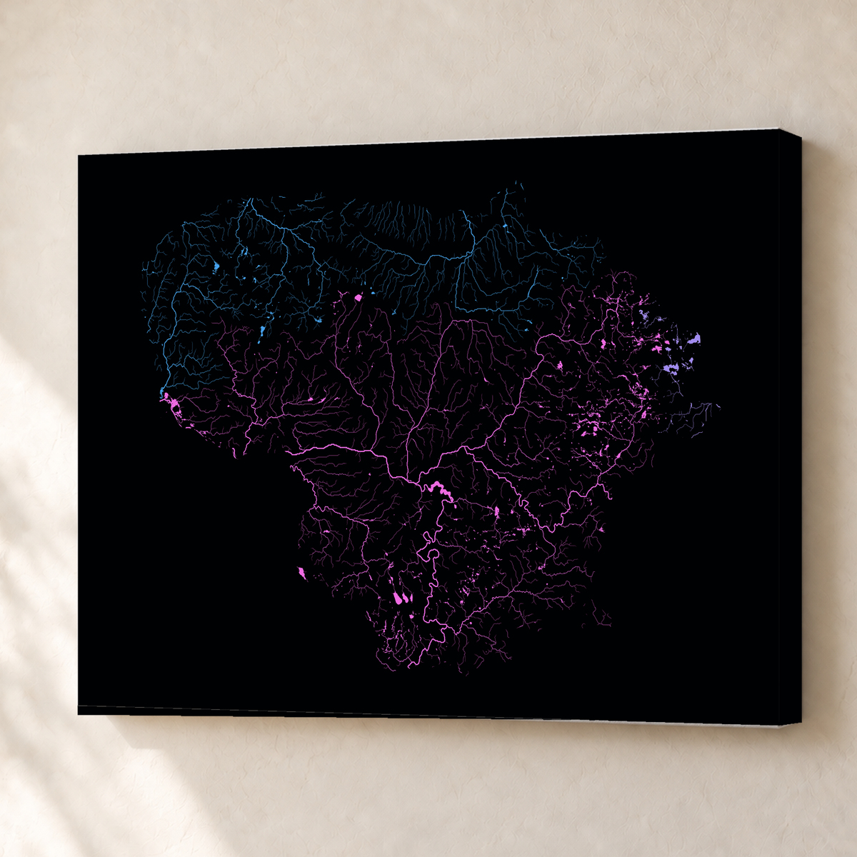 Beautiful Rivers — Lituânia — Neon hidrográfico, Canvas · 45 × 60 cm, Sem margem