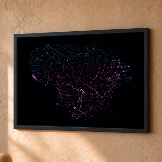 Beautiful Rivers — Lituânia — Neon hidrográfico, Fine art emoldurado · 30 × 40 cm, Preto · Sem margem