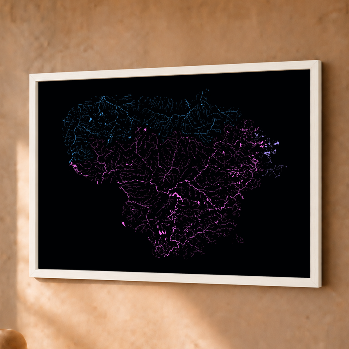 Beautiful Rivers — Lituânia — Neon hidrográfico, Fine art emoldurado · 30 × 40 cm, Branco · Sem margem
