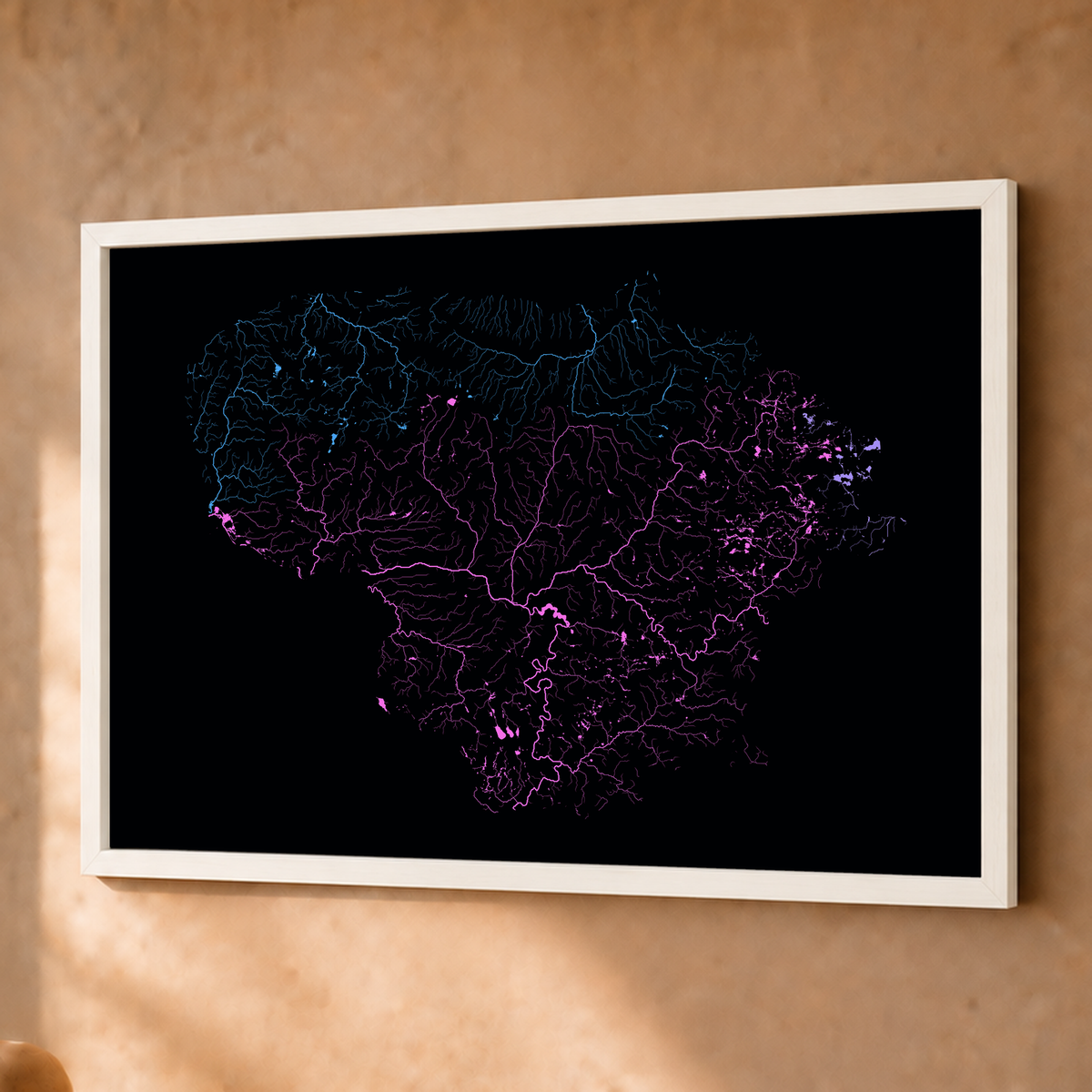 Beautiful Rivers — Lituânia — Neon hidrográfico, Fine art emoldurado · 45 × 60 cm, Branco · Sem margem