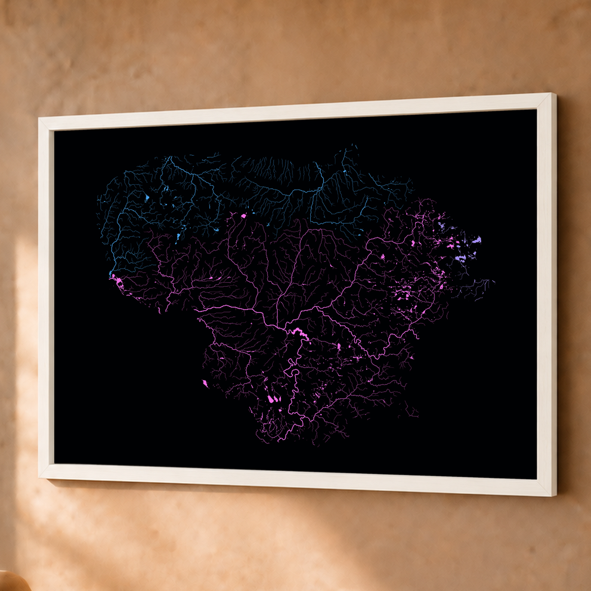 Beautiful Rivers — Lituânia — Neon hidrográfico, Fine art emoldurado · 60 × 80 cm, Branco · Sem margem