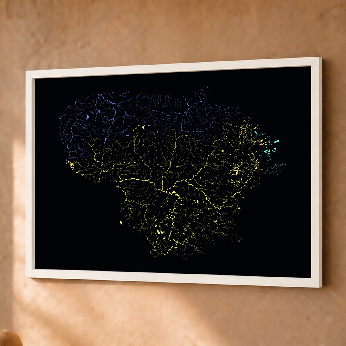 Beautiful Rivers — Lituânia — Neon por território, Fine art emoldurado · 45 × 60 cm, Branco · Sem margem