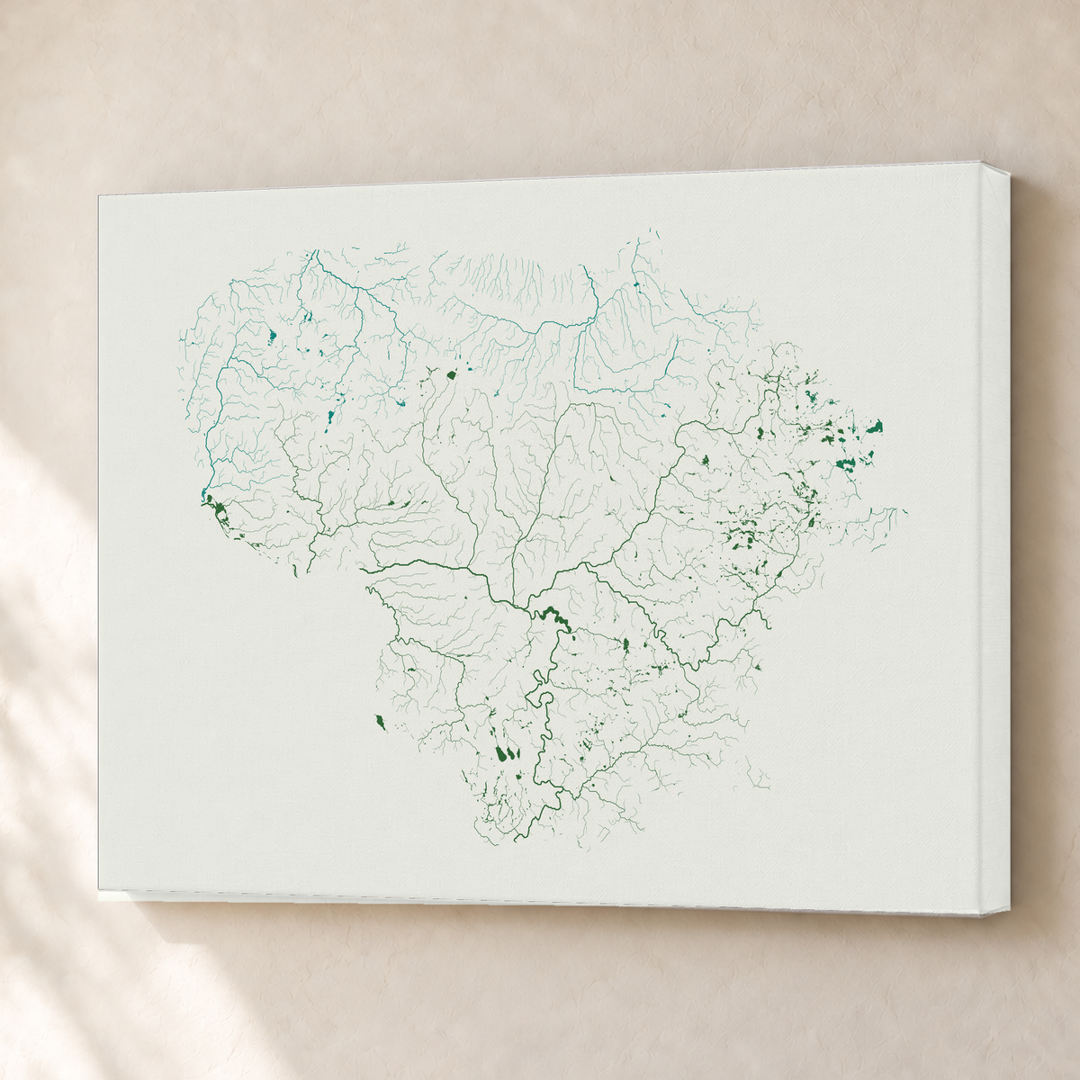 Beautiful Rivers — Lituânia — Verde jade e porcelana, Canvas · 45 × 60 cm, Sem margem