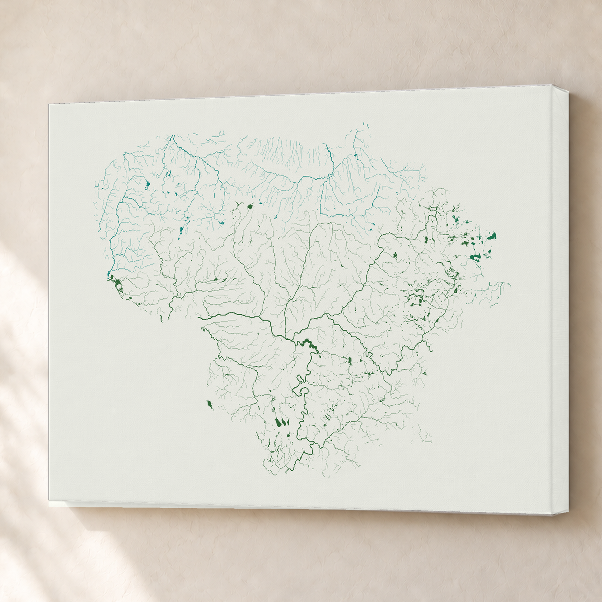 Beautiful Rivers — Lituânia — Verde jade e porcelana, Canvas · 60 × 80 cm, Sem margem