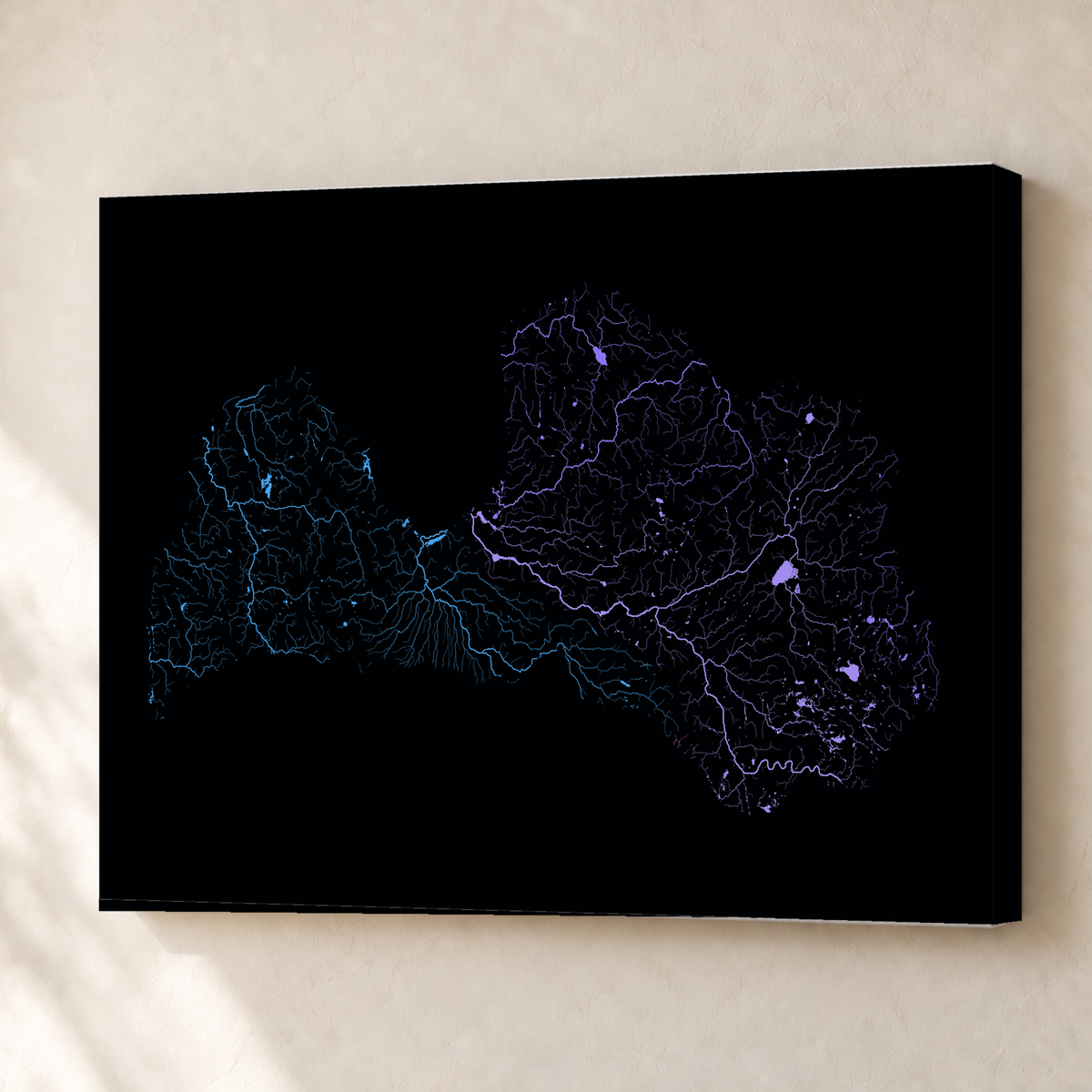 Beautiful Rivers — Letónia — Neon hidrográfico, Canvas · 45 × 60 cm, Sem margem