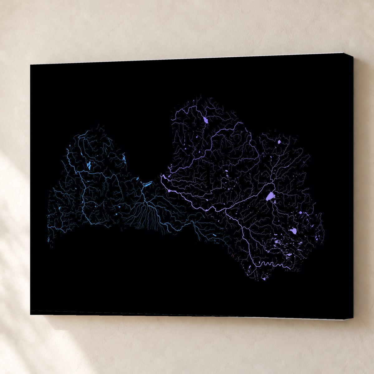 Beautiful Rivers — Letónia — Neon hidrográfico, Canvas · 60 × 80 cm, Sem margem